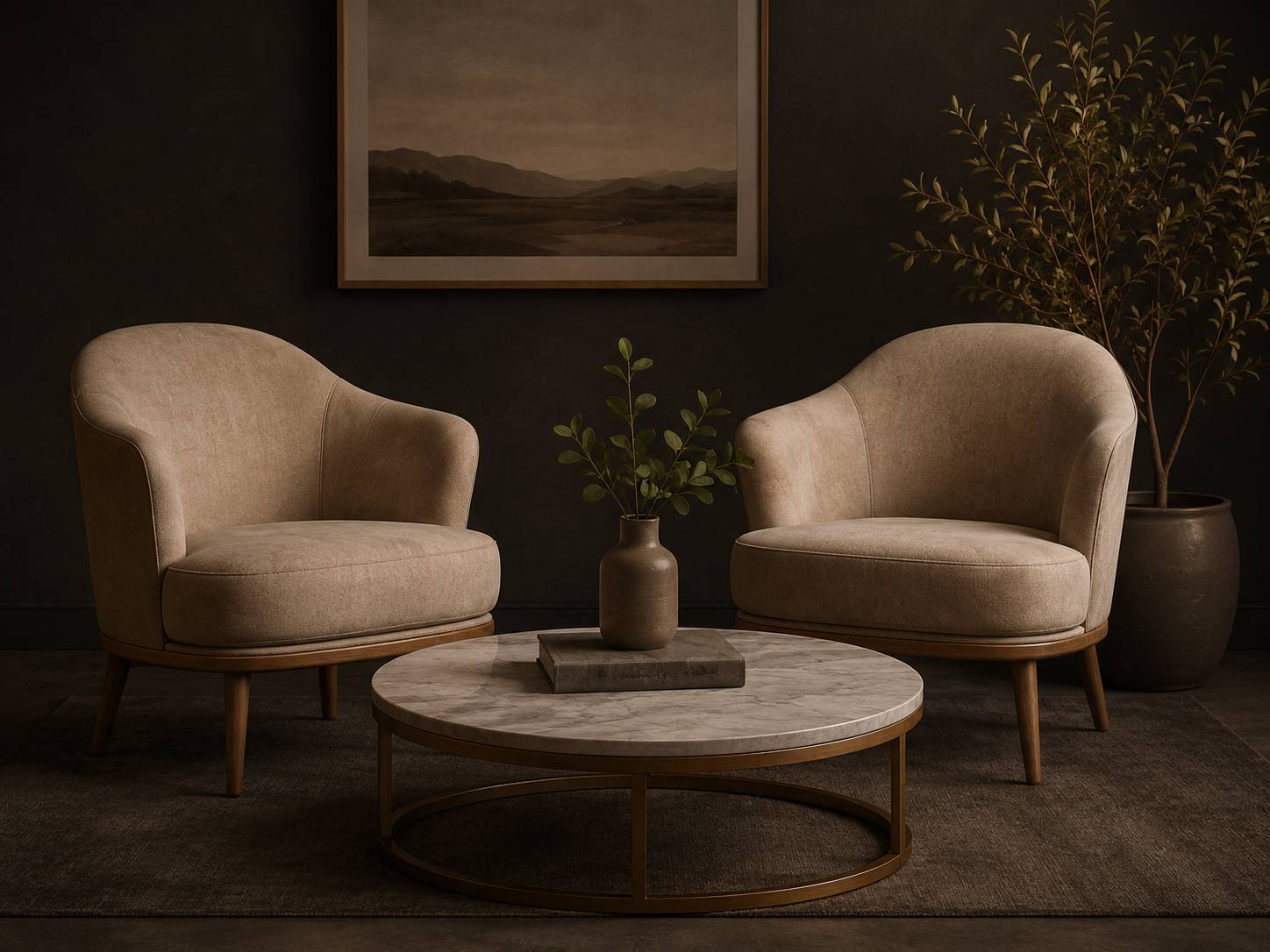A serene, minimalist reading nook or meeting space with two chairs around a coffee table.