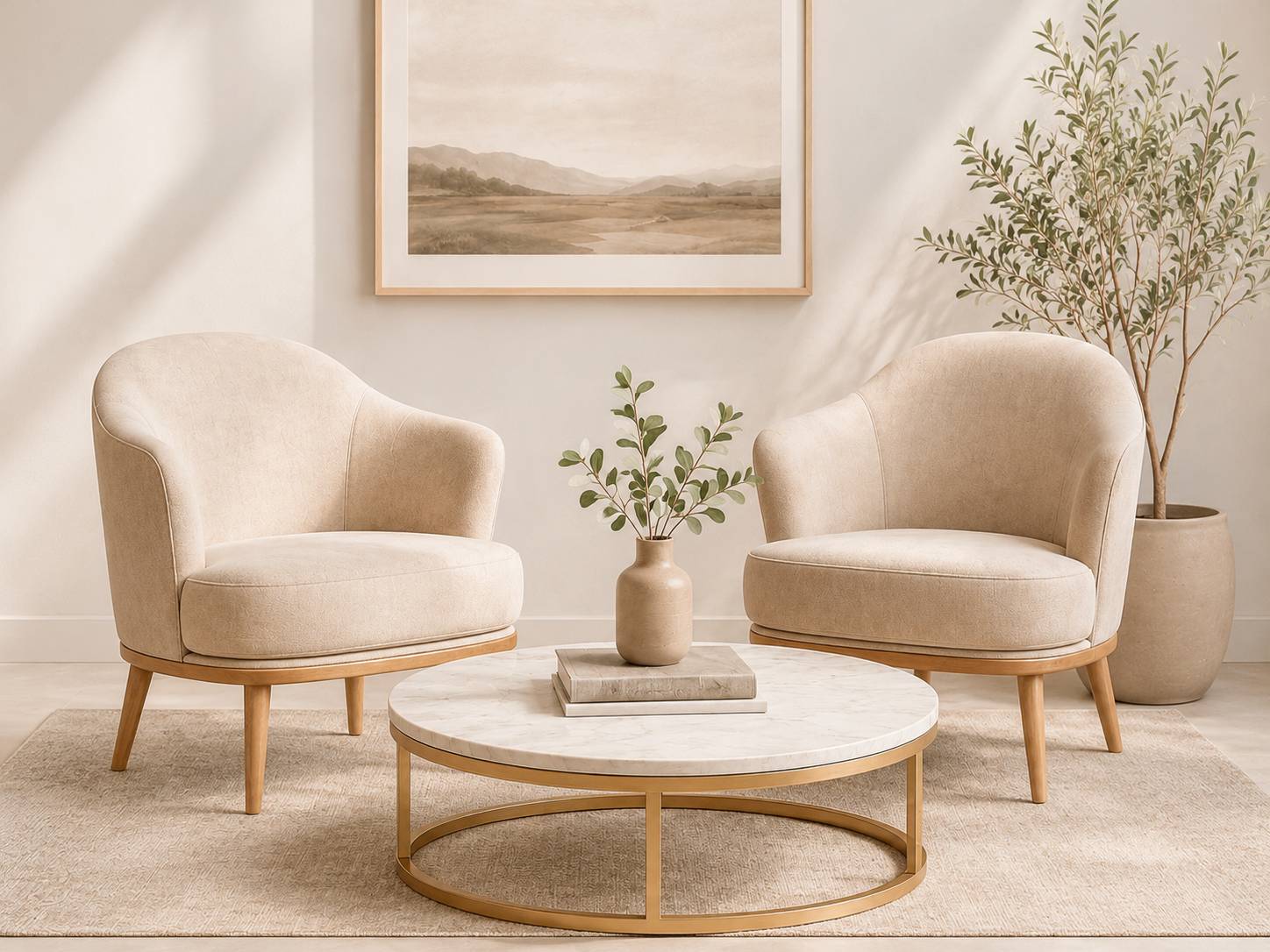 A serene, minimalist reading nook or meeting space with two chairs around a coffee table.